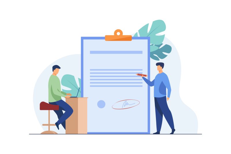 Expert checking business leader order. Tiny character with pencil reading document flat vector illustration. Paperwork, legal expertise concept for banner, website design or landing web page